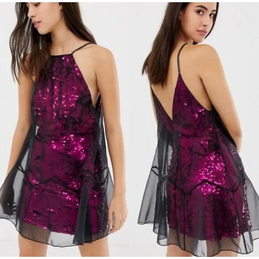 Free People Pink and Black Sequin Mini Dress